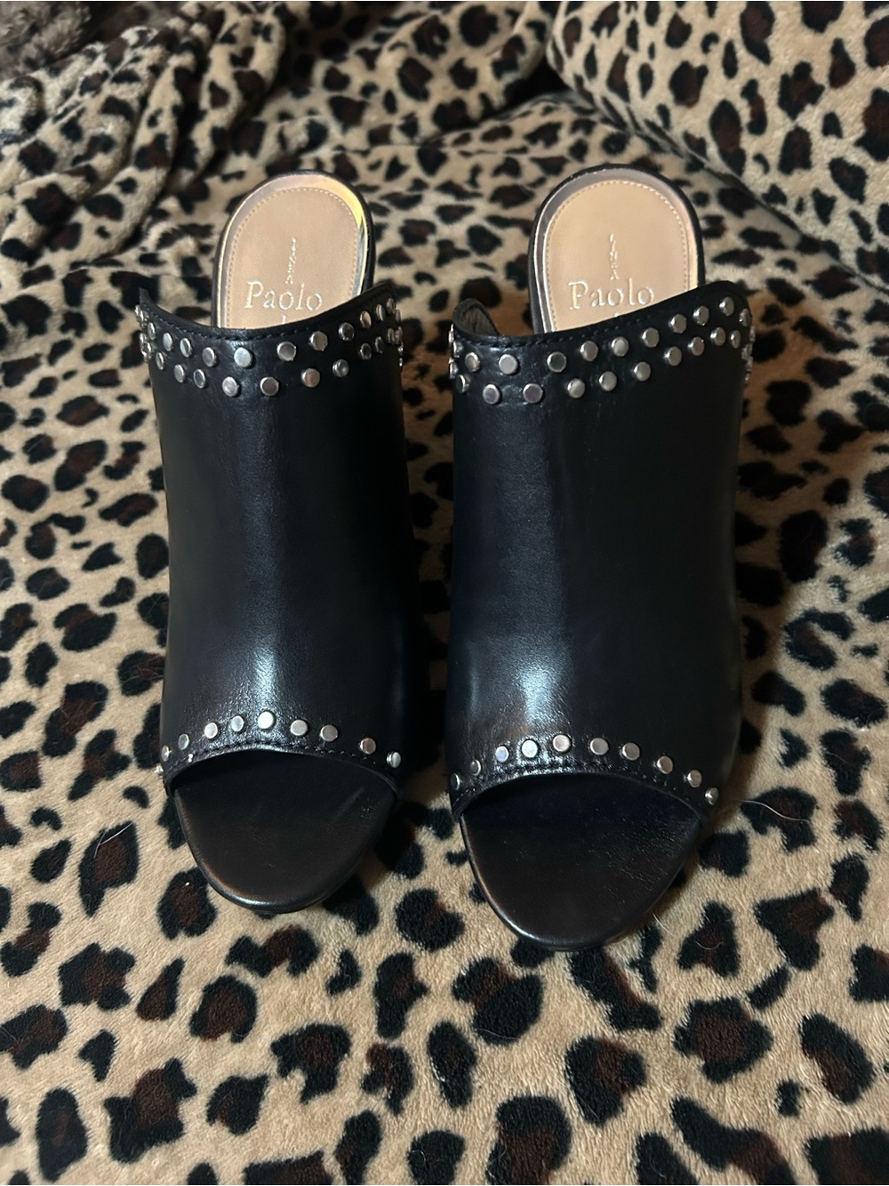 Stunning Black Studded Leather Open-Toe Mule